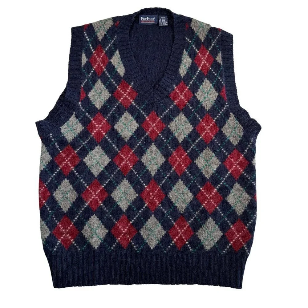 Vintage 80s PARFOUR Navy Blue Argyle Wool Indie Sweater Vest Large
